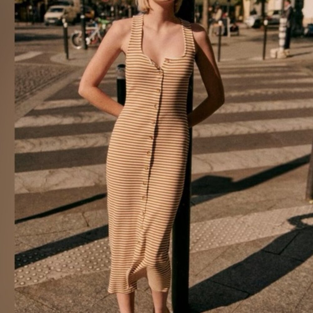 Sezane Fabiola Dress - Tan and white stripe Size M